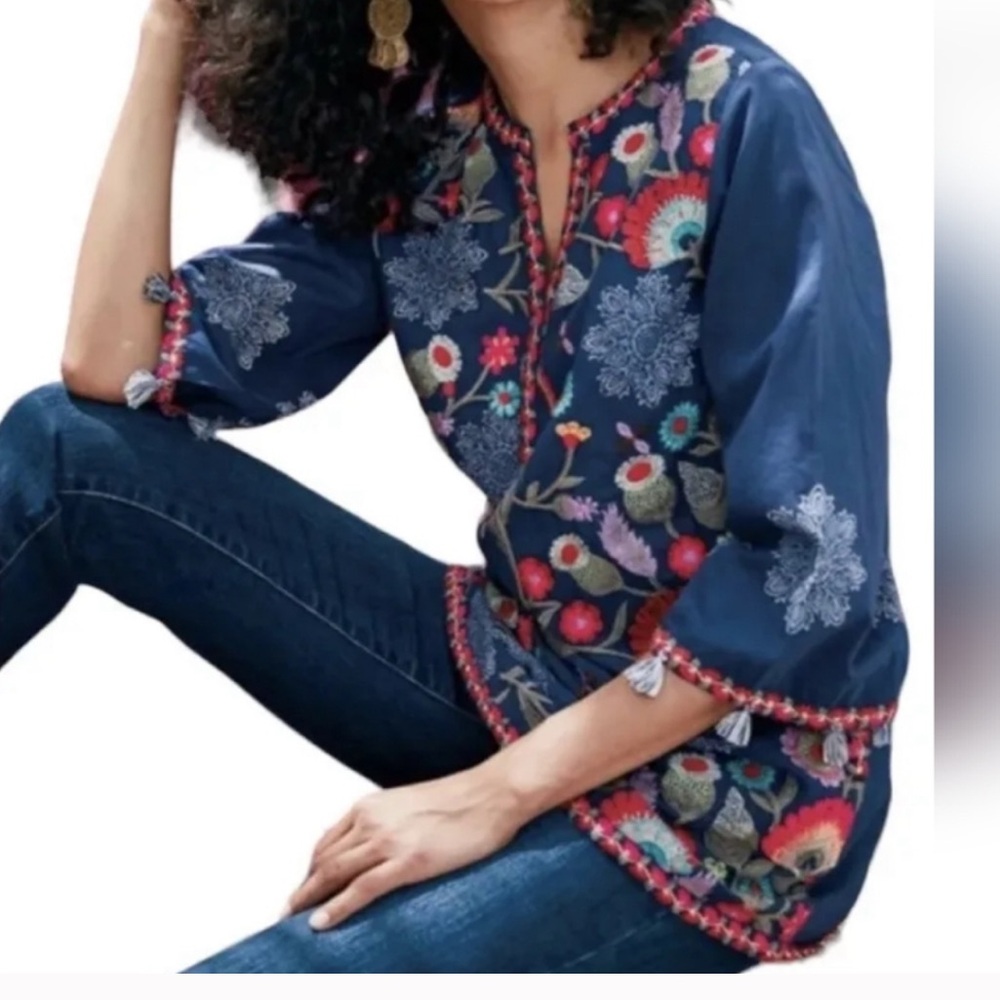 Soft Surroundings Embroidered BOHO Paraiso Tunic Top Floral Navy size L